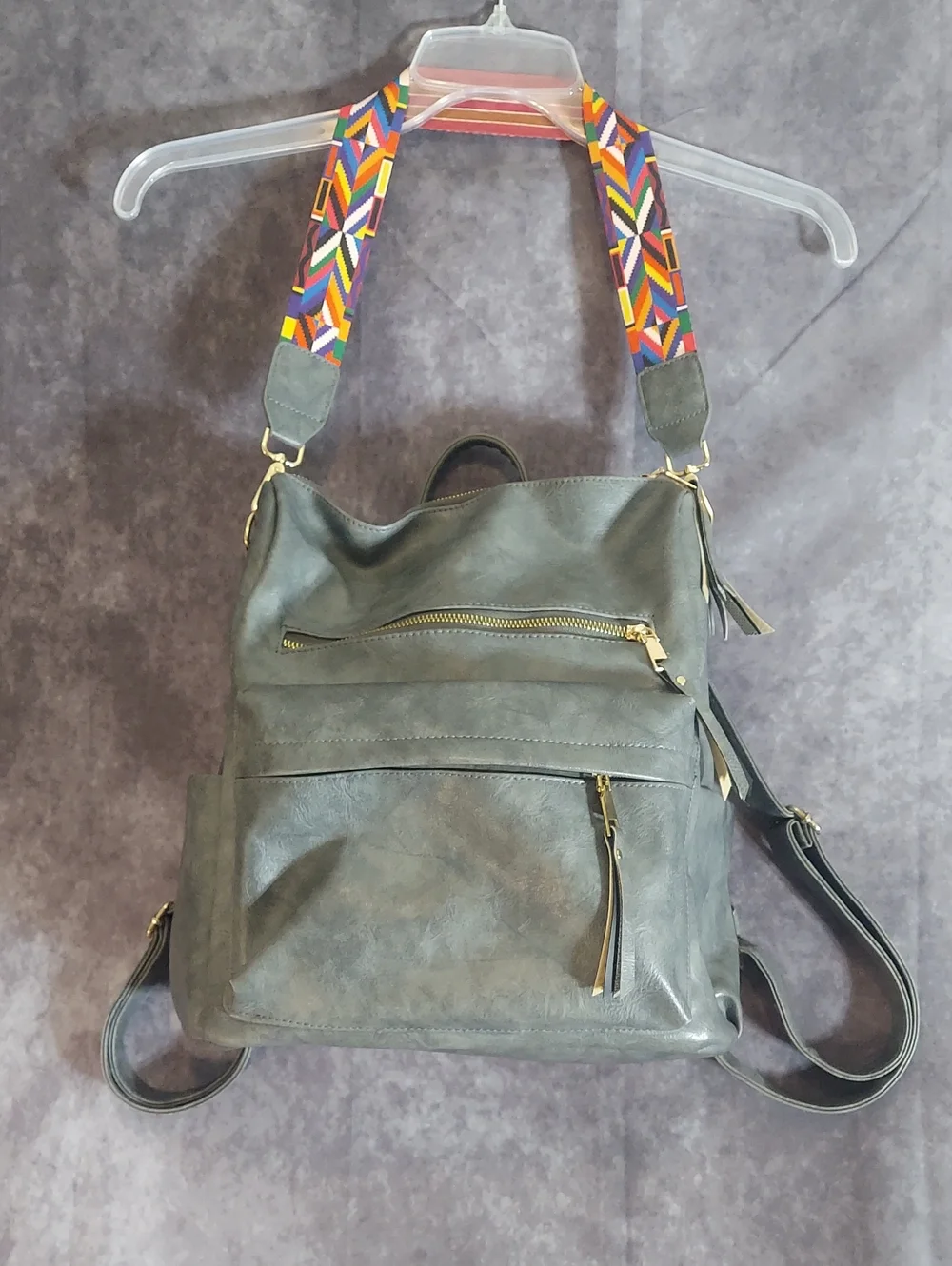 Premium Convertible Gray Faux Leather Backpack with Woven Boho Strap - EUC